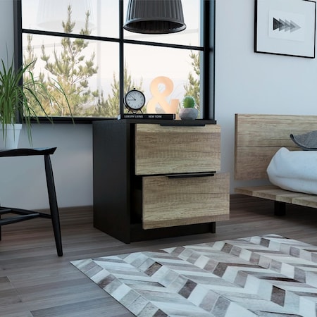 Tuhome Kaia Nightstand, Two Drawers, Metal Handle, Black/Pine MWC4761